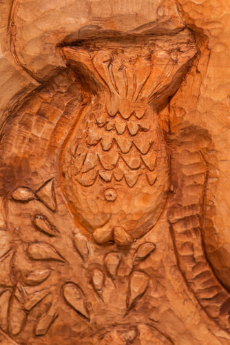 Carolina Lehan, Baits, detail, 2022, wood Carving, 200×180 cm<br />
Photography: Neta Cones