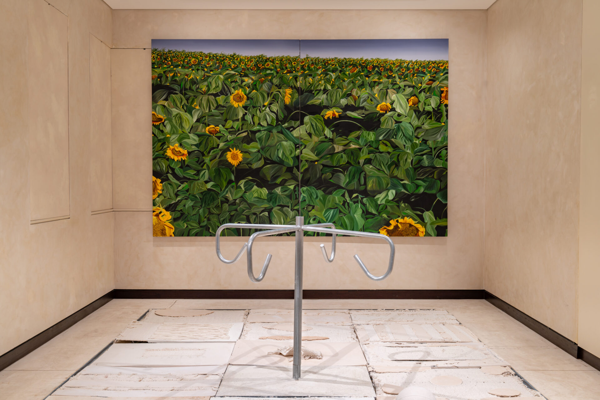 Adir Cohen, Genesis, 2024, installation (iron, cement, weave of macramé cords, plaster, security turnstile), variable dimensions<br />
Sunflowers (diptych), 2023, oil on canvas, 200x300 cm<br />
Photography: Daniel Hanoch